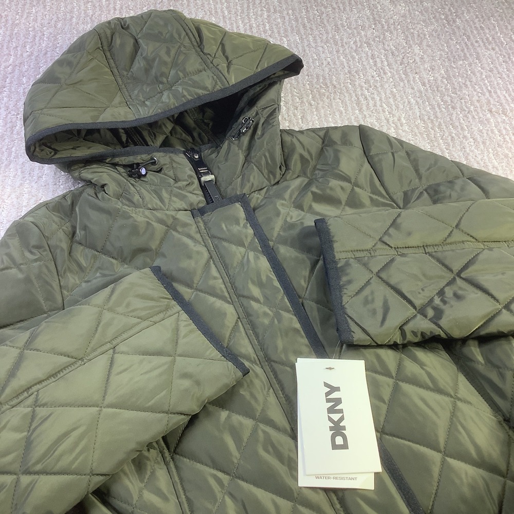 DKNY Womens Quilted Water‎ Resistant Hooded Belted Long Coat Loden Green Size S